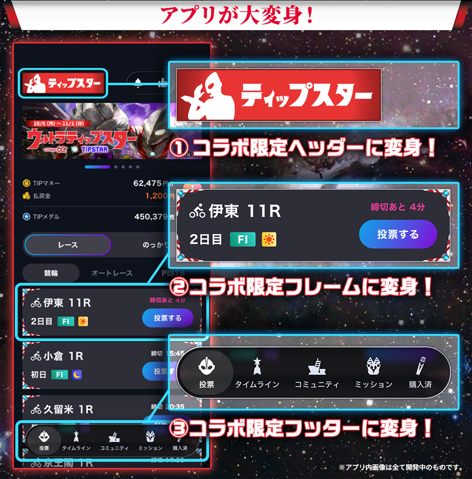 アプリが大変身！ ①コラボ限定ヘッダーに変身！ ②コラボ限定フレームに変身！ ③コラボ限定フッターに変身！ ※アプリ内画像は全て開発中のものです。